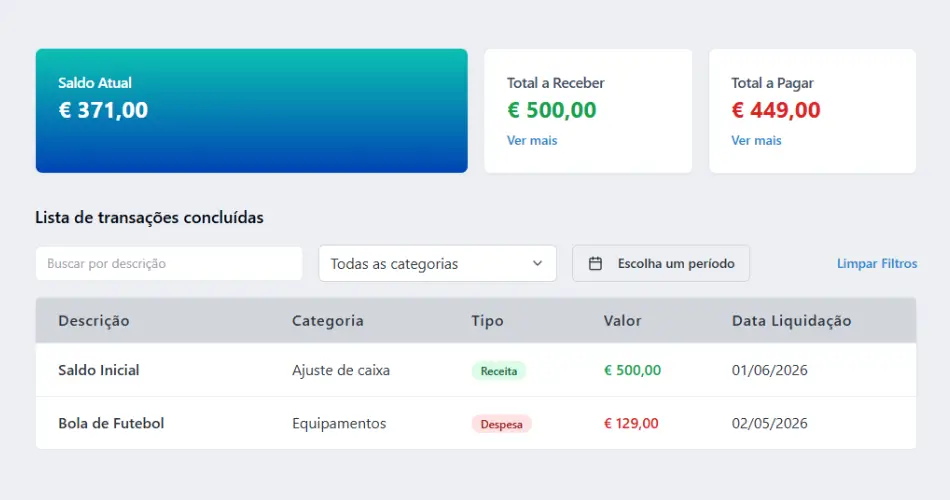 Football club financial dashboard in Clubjourney