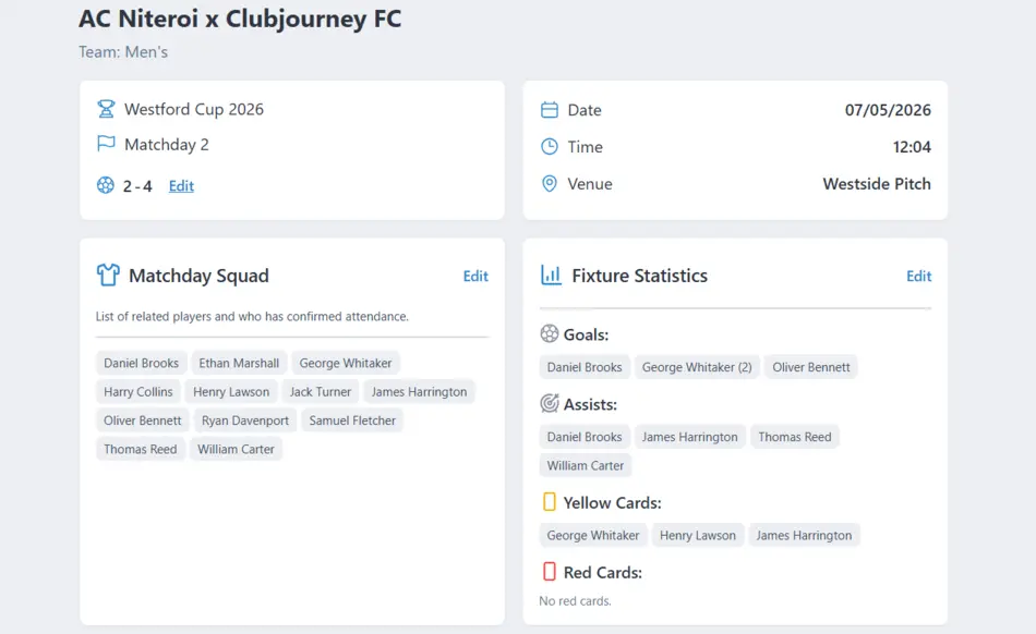 Football Match details on the Clubjourney platform
