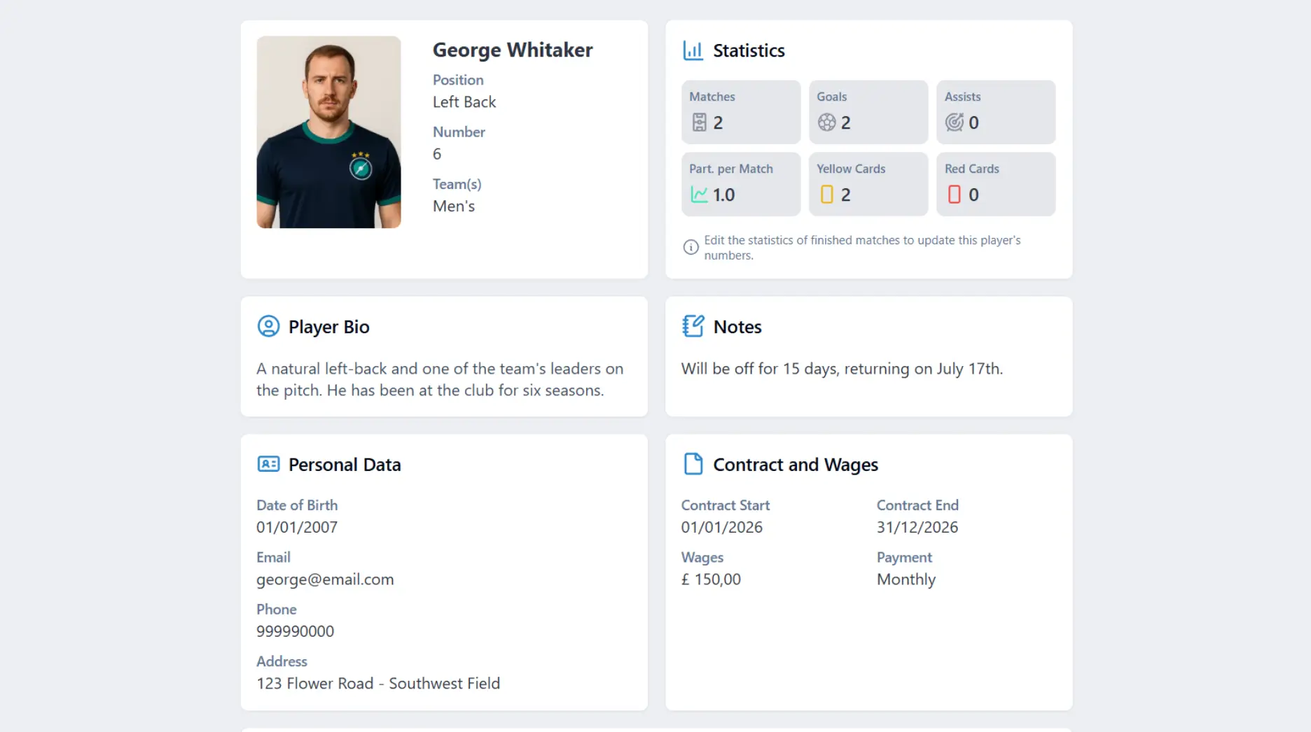 Player profile with statistics on the Clubjourney platform