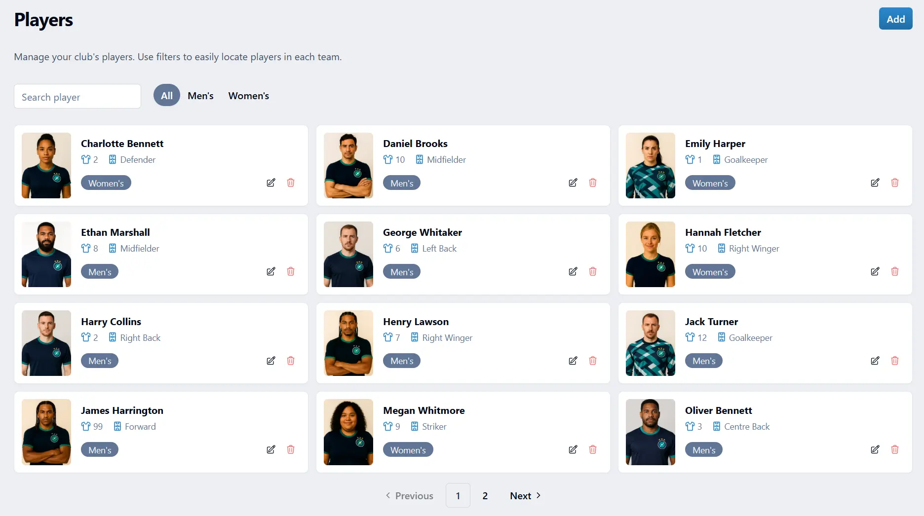 Squad player list on the Clubjourney platform