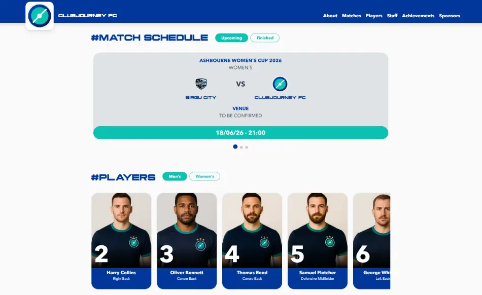 Football club website created on the Clubjourney platform