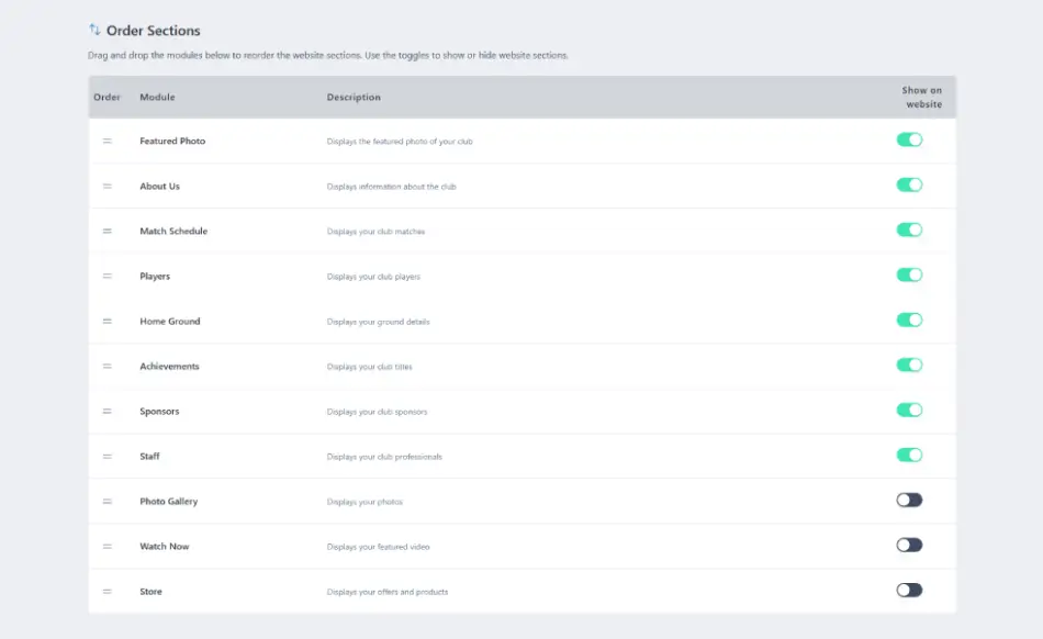 Club website customization panel in Clubjourney